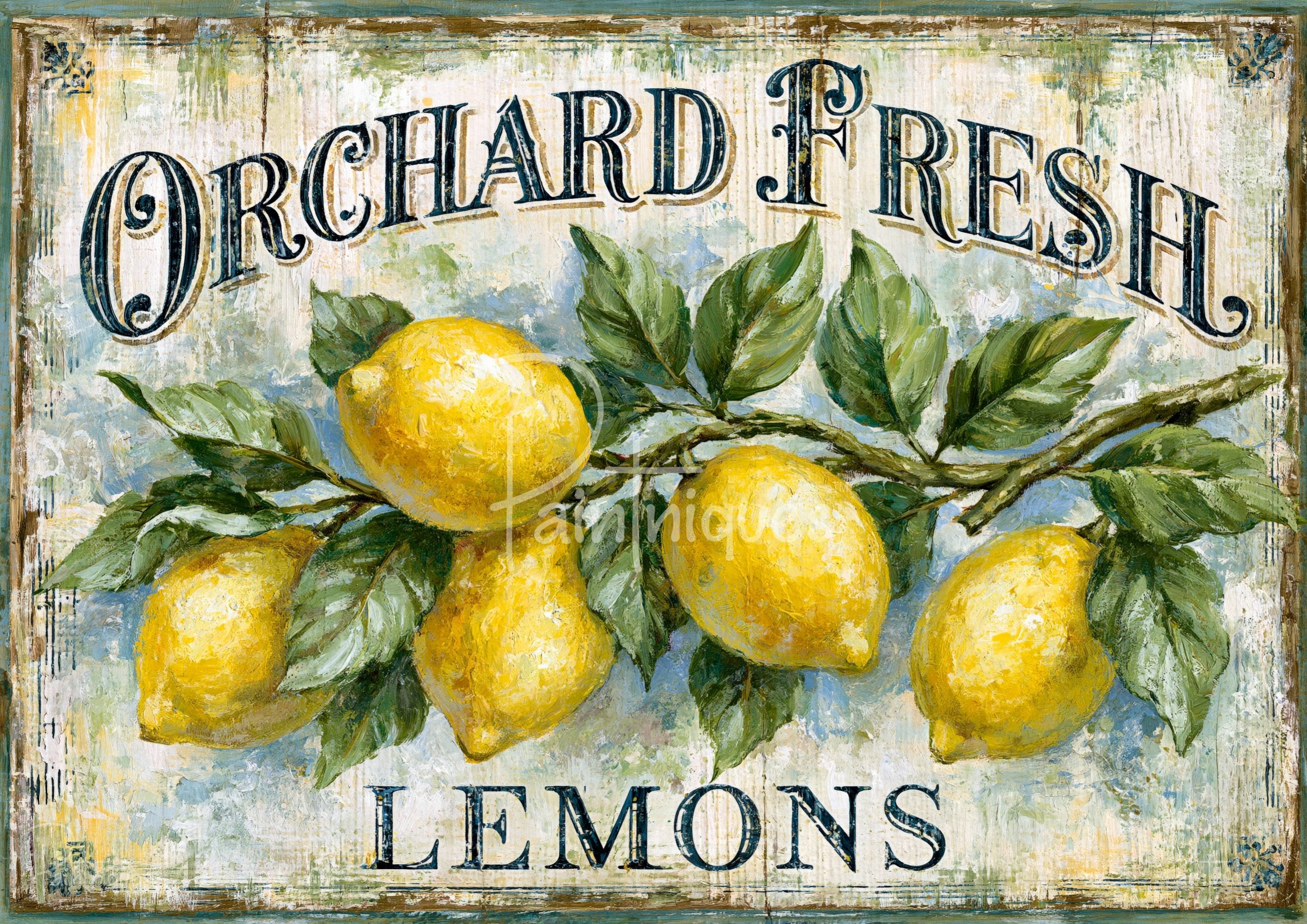 Distressed painted sign depicting a lemon branch with green leaves and ornate 'Orchard Fresh' and 'Lemons' lettering.