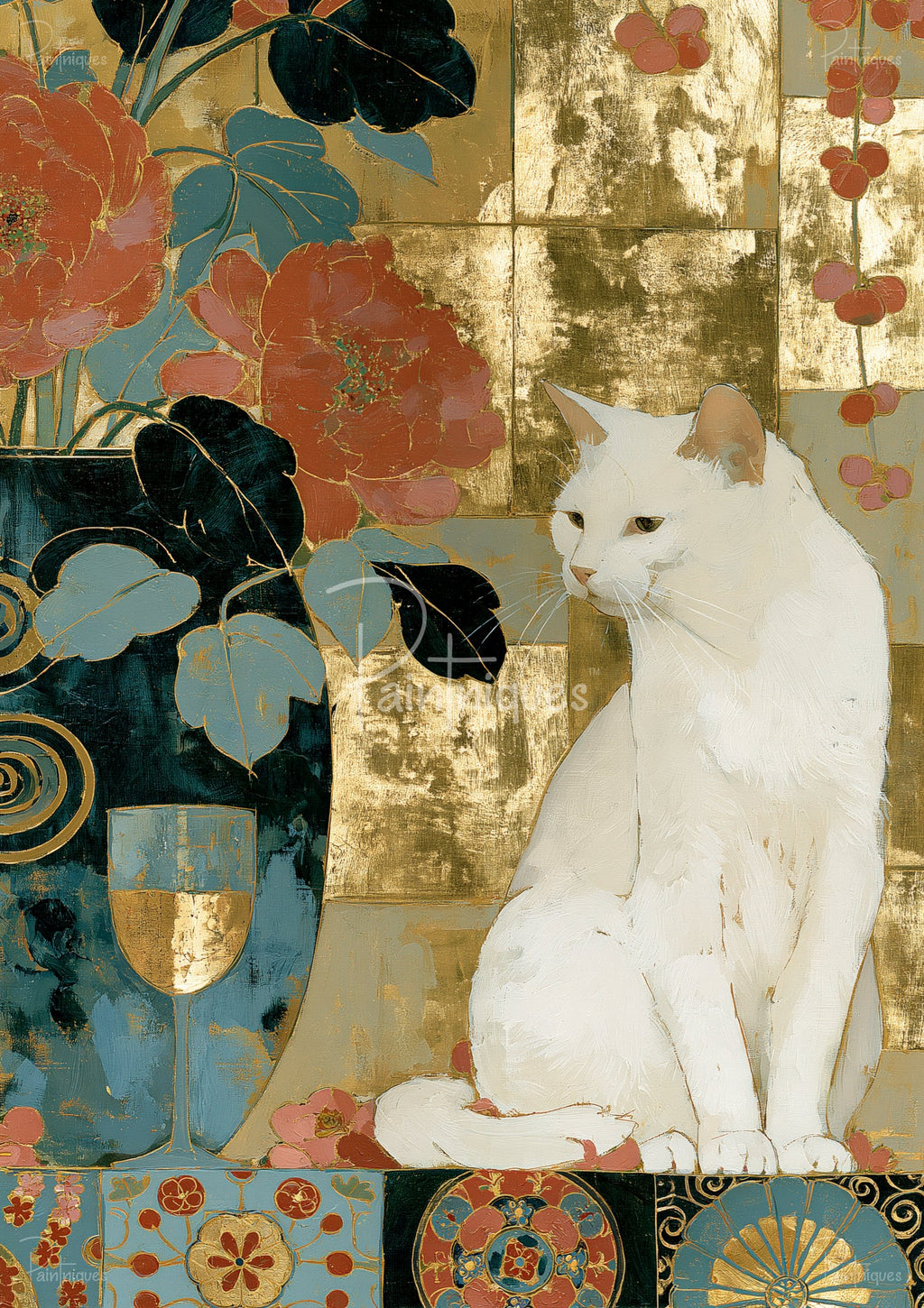 White cat seated beside a teal vase of red flowers against a gold-leaf checkerboard with decorative floral tile border