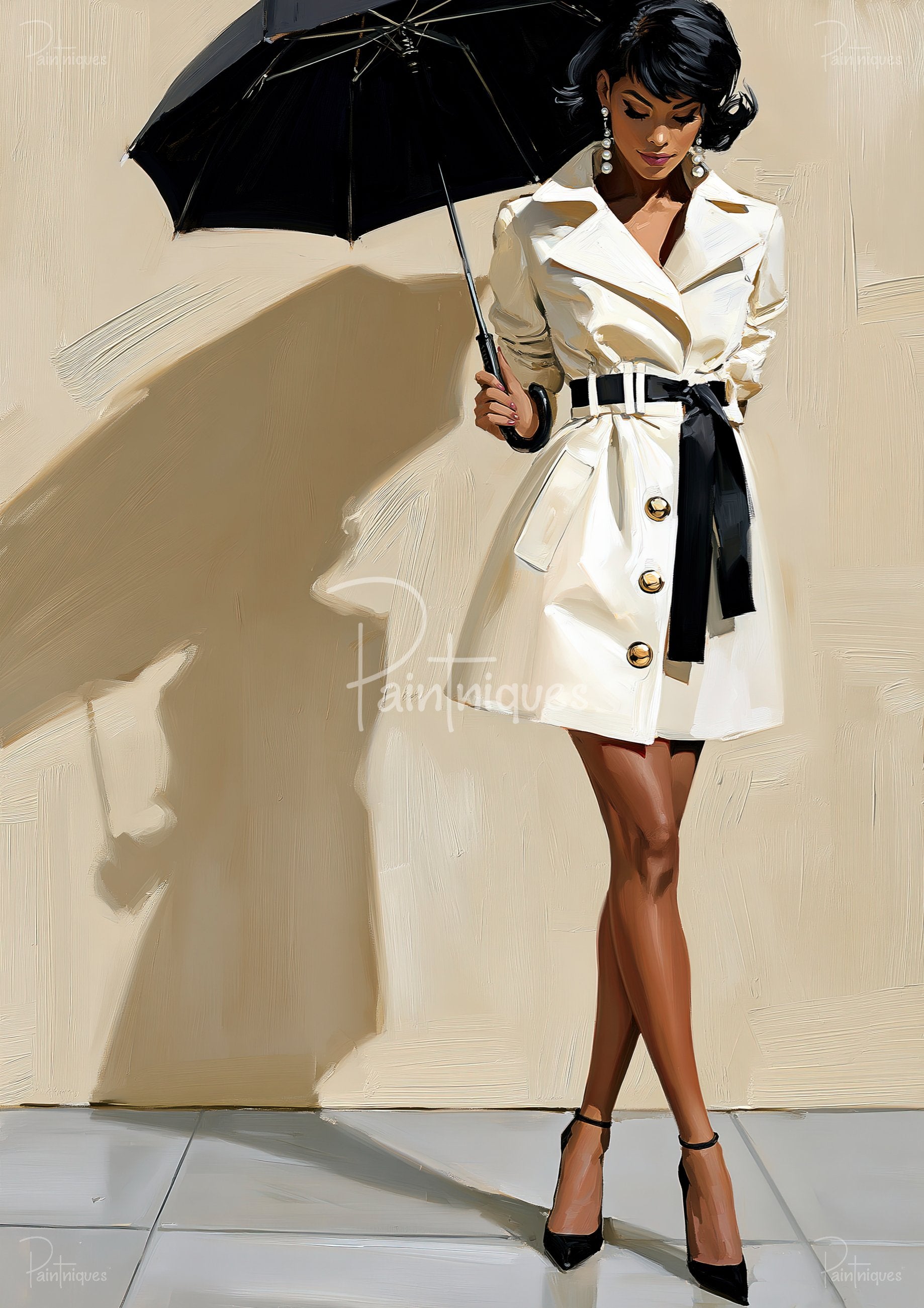 Stylized painting of a woman in a white trench coat with black belt and heels, holding a black umbrella against a beige wall.
