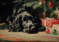 Painted scene of a black dog lying on a floor under a decorated Christmas tree with ornaments and wrapped red gifts.