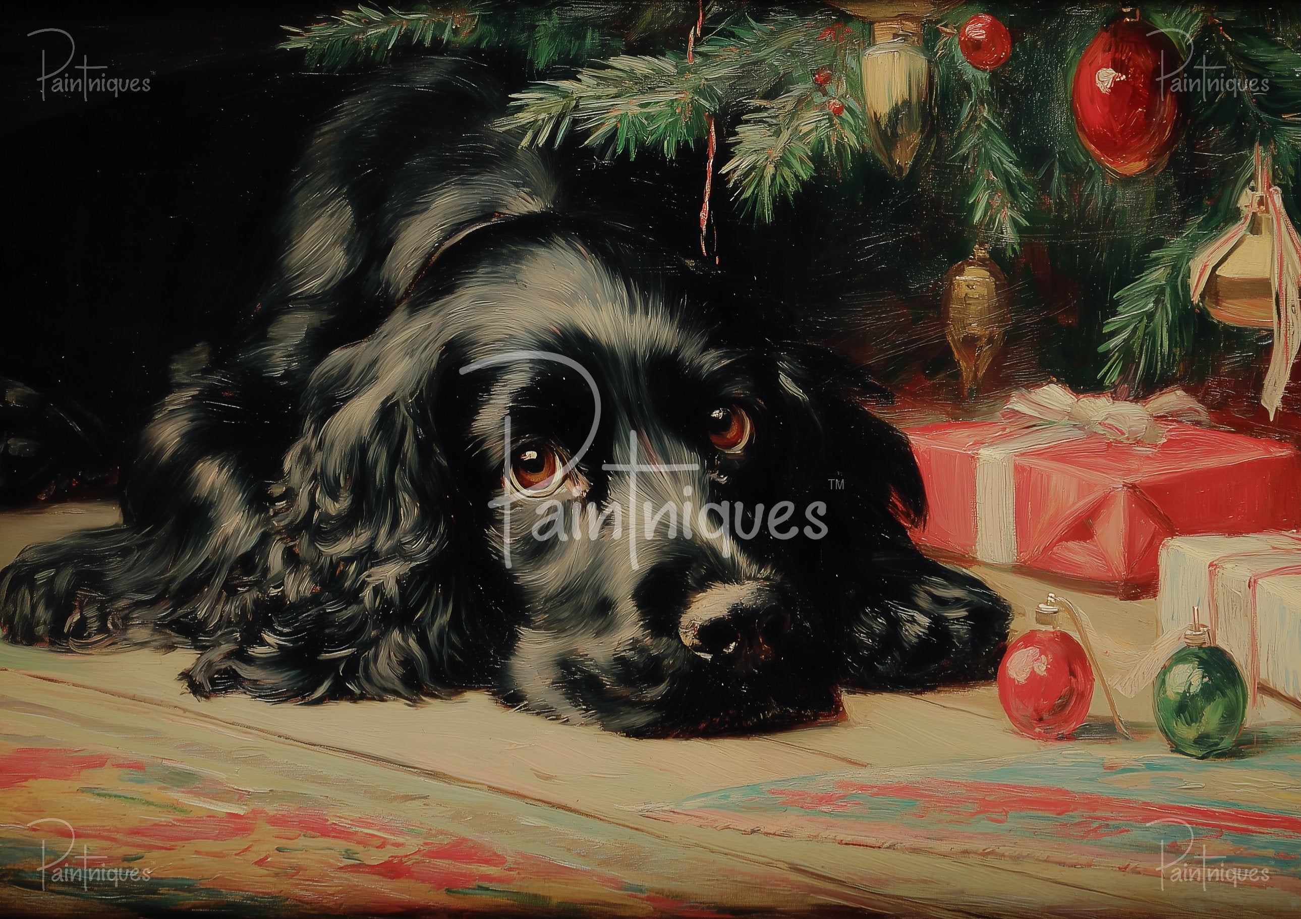 Painted scene of a black dog lying on a floor under a decorated Christmas tree with ornaments and wrapped red gifts.