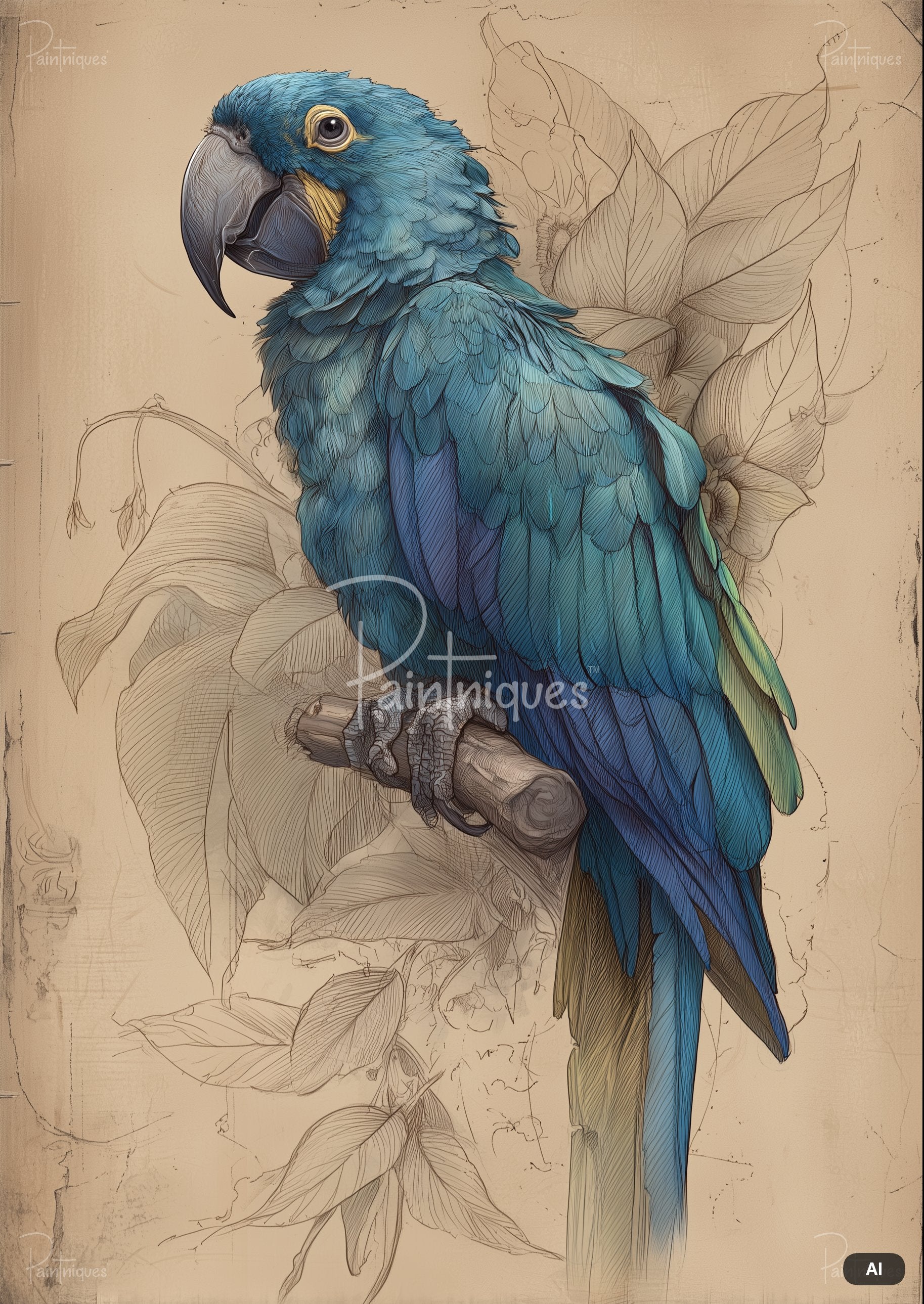 Blue parrot with detailed feathers perched on a branch against pencil-sketched leaves on a beige background