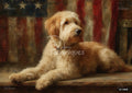 Shaggy golden dog reclining against a weathered, painterly American flag backdrop.