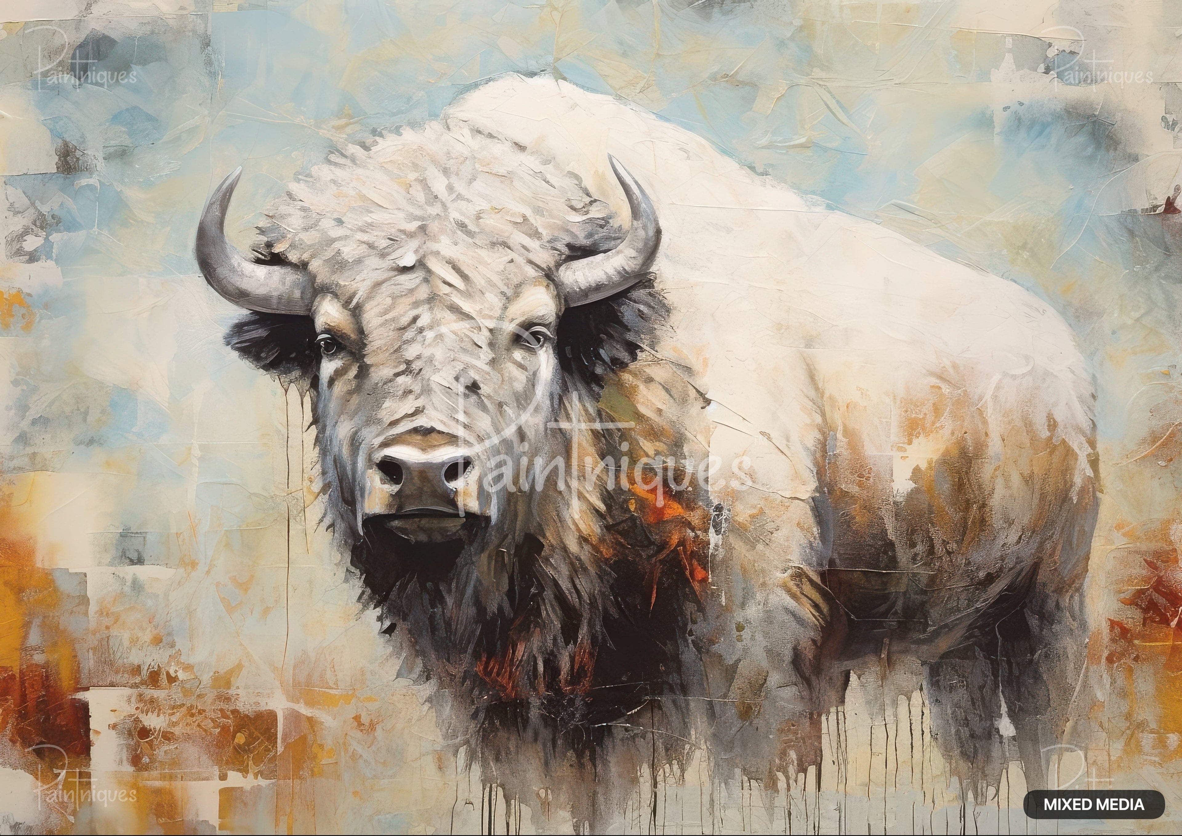 Abstract painting of a white buffalo with textured fur and dark horns, looking forward against a textured background.