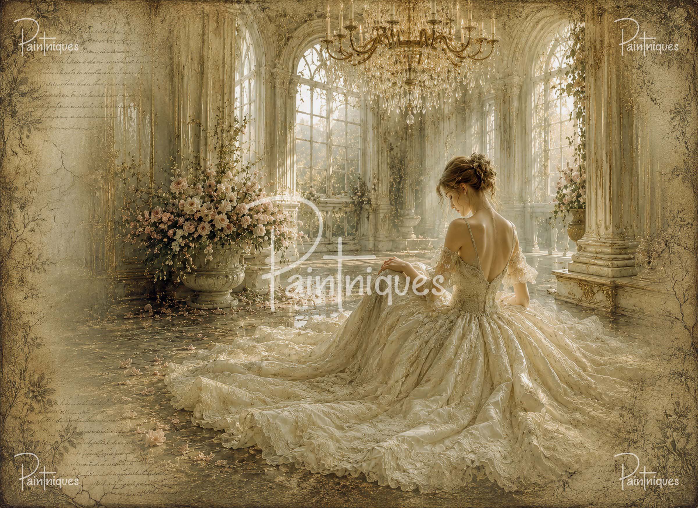 Woman in a elegant dress sitting in a luxurious room with chandelier and flowers.