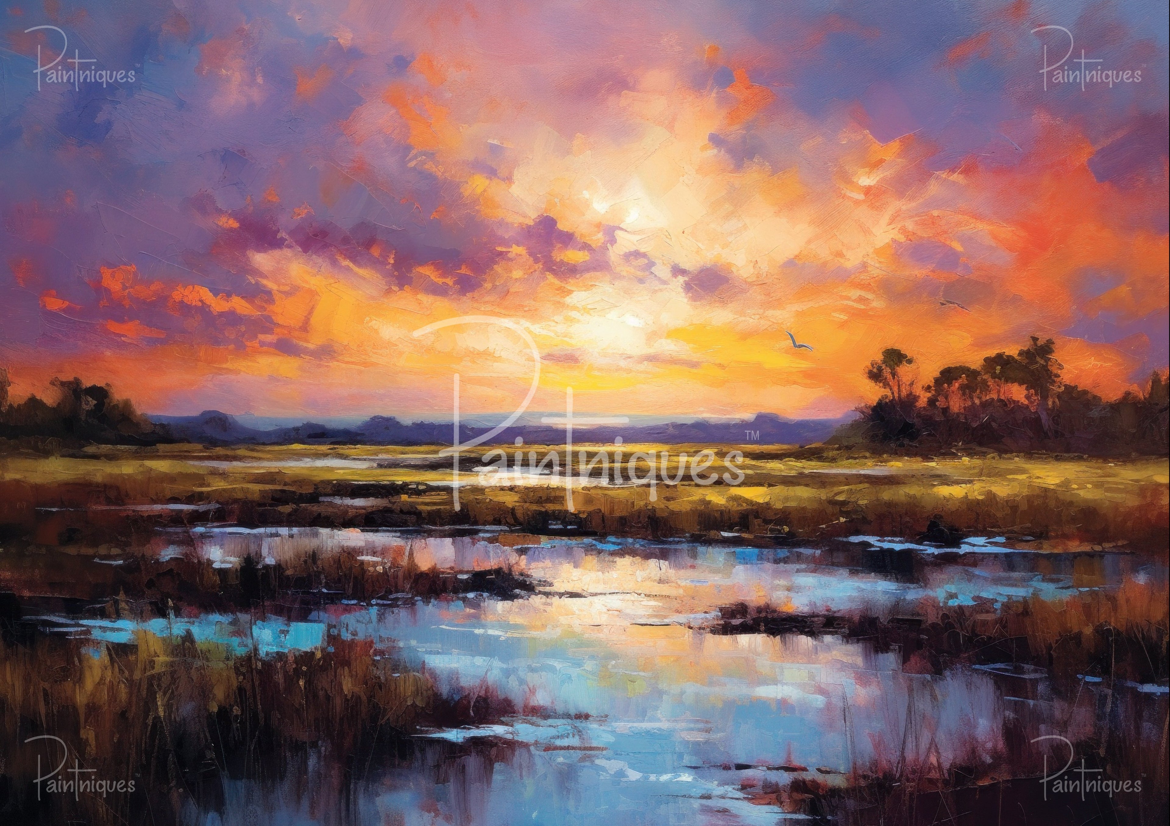 Vibrant painted marsh sunset with purple and orange clouds, reflective water, silhouetted trees and flying birds.