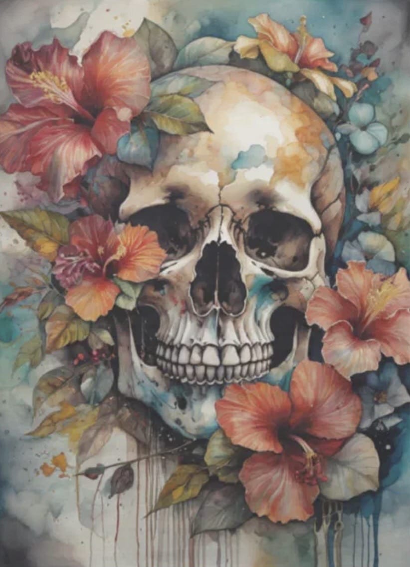 Artistic depiction of a skull surrounded by colorful flowers and leaves