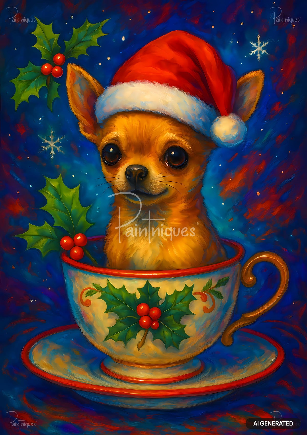 Painting of a small chihuahua wearing a Santa hat, sitting inside a holiday teacup decorated with holly.