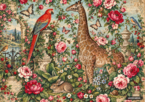 Vibrant garden scene with giraffe, macaw, rabbit, birds, and butterflies among red and pink peonies, berries, and foliage.