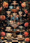 A multi-tiered tea set with steam and water pouring, surrounded by colorful butterflies and pink and orange roses.