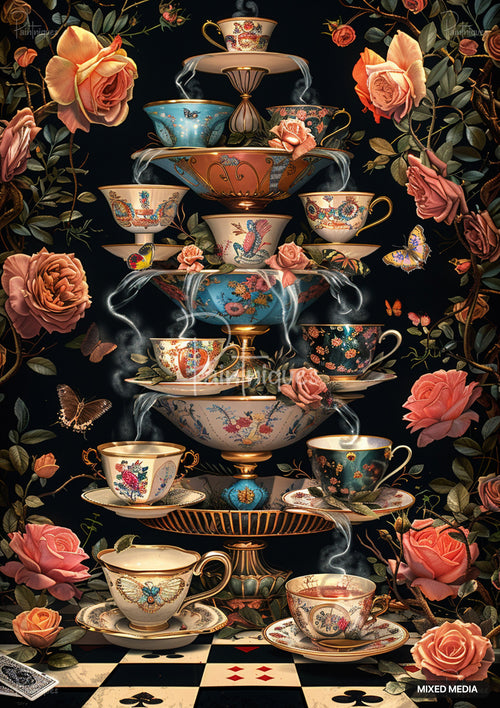 A multi-tiered tea set with steam and water pouring, surrounded by colorful butterflies and pink and orange roses.