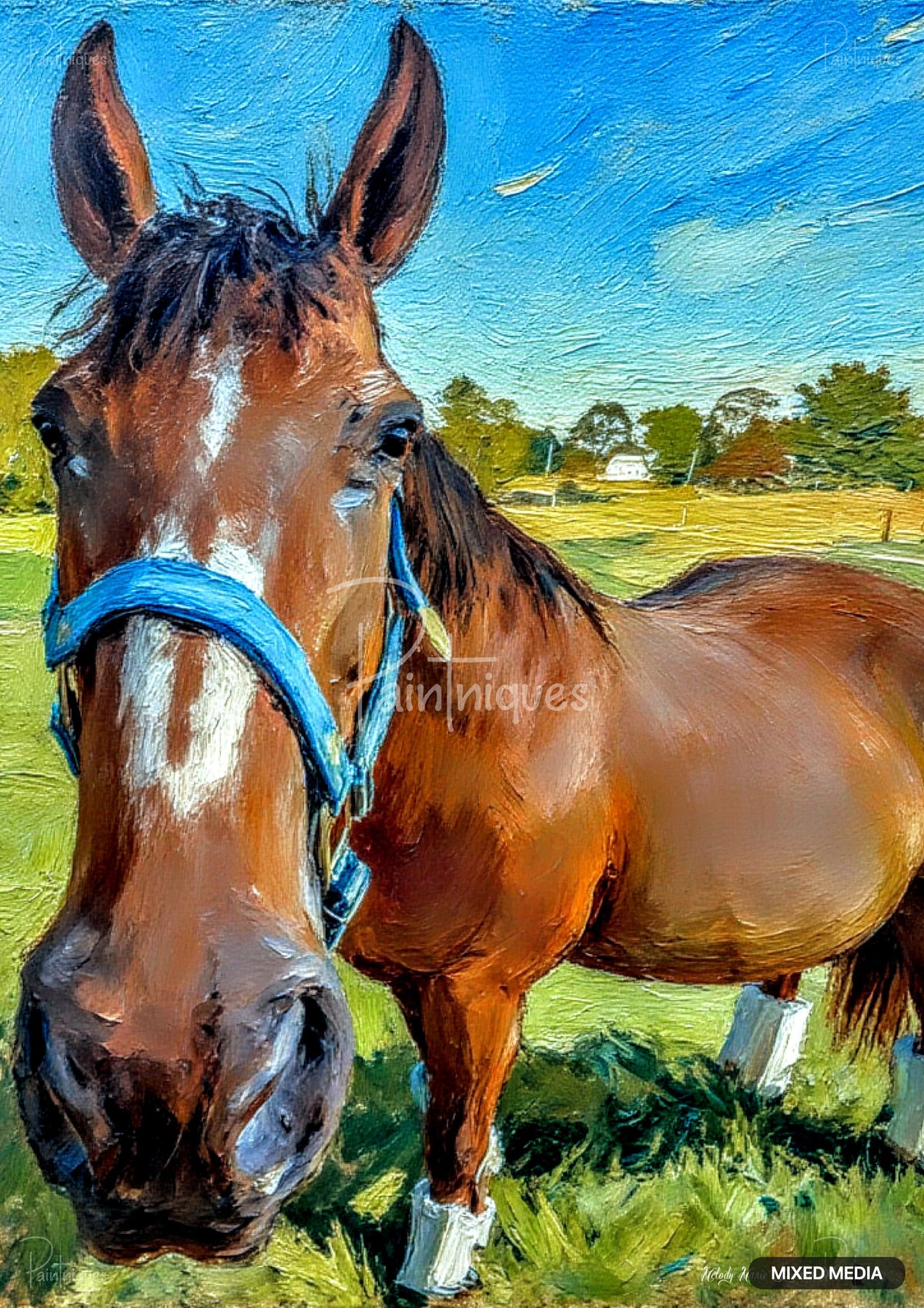Oil painting of a brown horse with a white blaze and blue halter, standing in a sunny field under a blue sky.