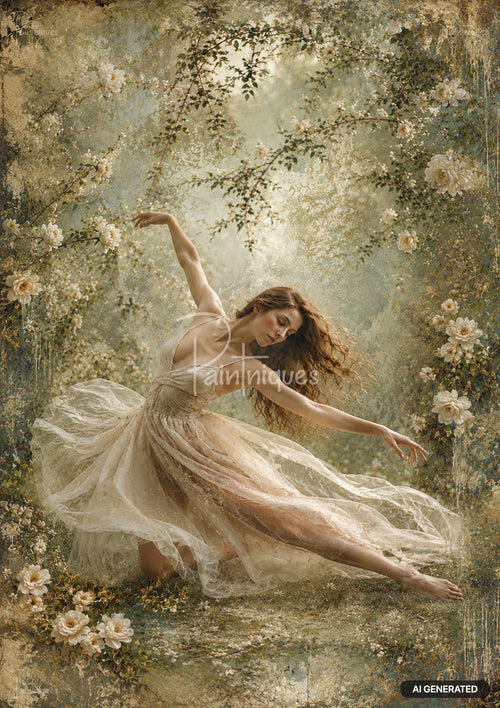 A sepia-toned painting of a woman in a flowing dress kneeling among white roses and vines.