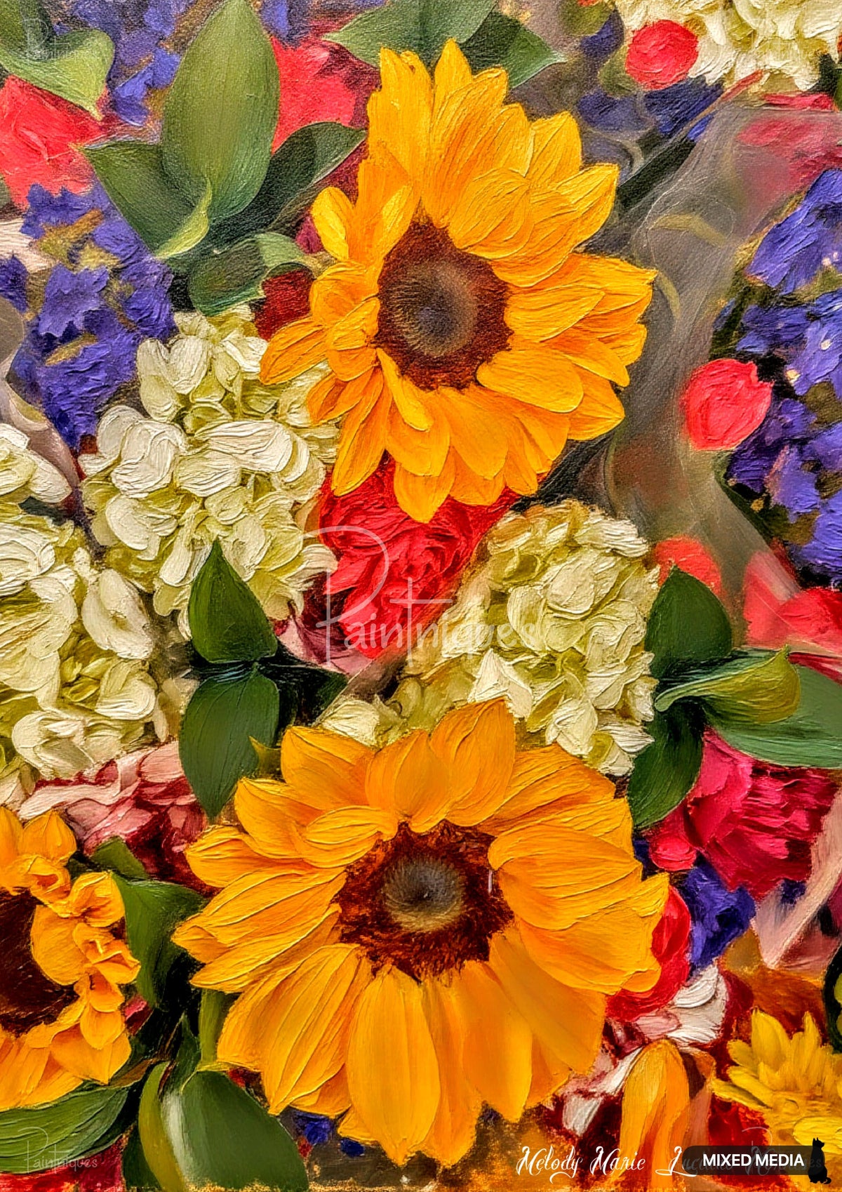 Textured oil painting of bright yellow sunflowers, white hydrangeas, red roses, and purple blossoms.
