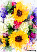 Watercolor painting of a bouquet with yellow sunflowers, white hydrangeas, and pink and purple flowers.