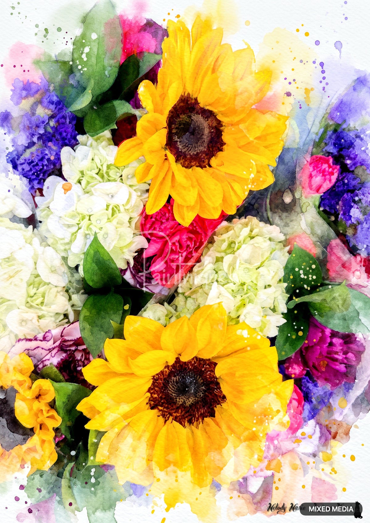 Watercolor painting of a bouquet with yellow sunflowers, white hydrangeas, and pink and purple flowers.