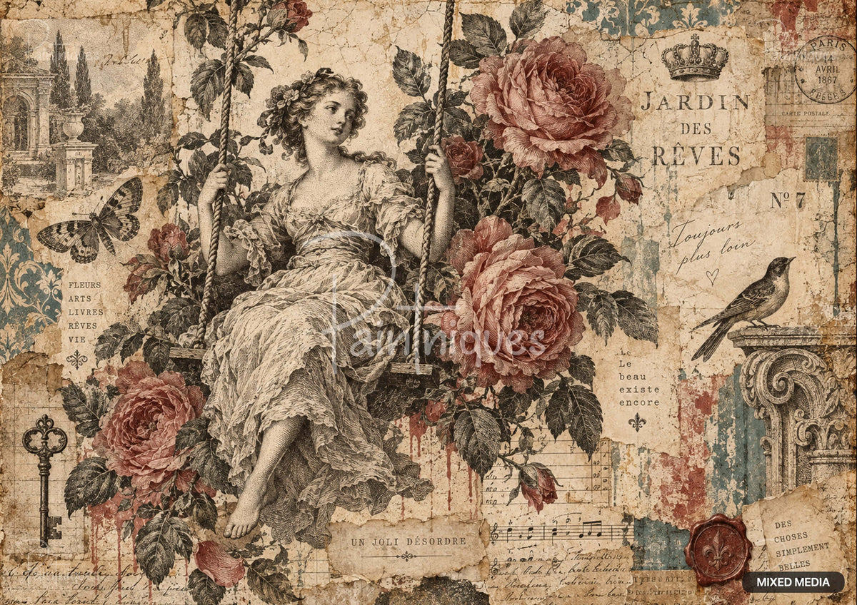 Collage of a woman on a swing surrounded by roses, with vintage script, a bird, butterfly, key, and distressed textures.