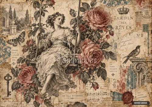 Collage of a woman on a swing surrounded by roses, with vintage script, a bird, butterfly, key, and distressed textures.