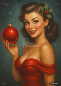 Vintage pin-up style woman in a red off-shoulder dress holding a large red Christmas ornament with holly in her hair.