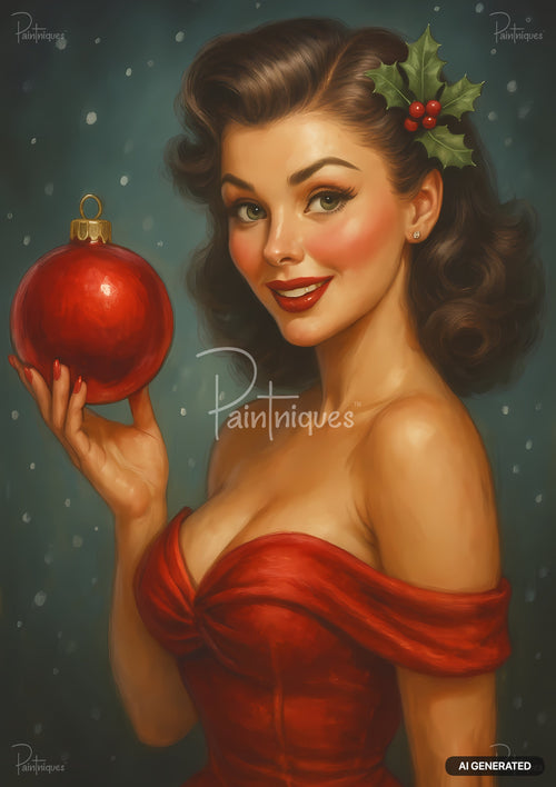 Vintage pin-up style woman in a red off-shoulder dress holding a large red Christmas ornament with holly in her hair.