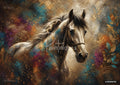 Textured painting of a horse with a bridle against a dark, abstract background with gold, teal, and magenta brushstrokes.