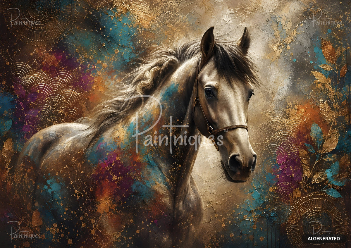 Textured painting of a horse with a bridle against a dark, abstract background with gold, teal, and magenta brushstrokes.