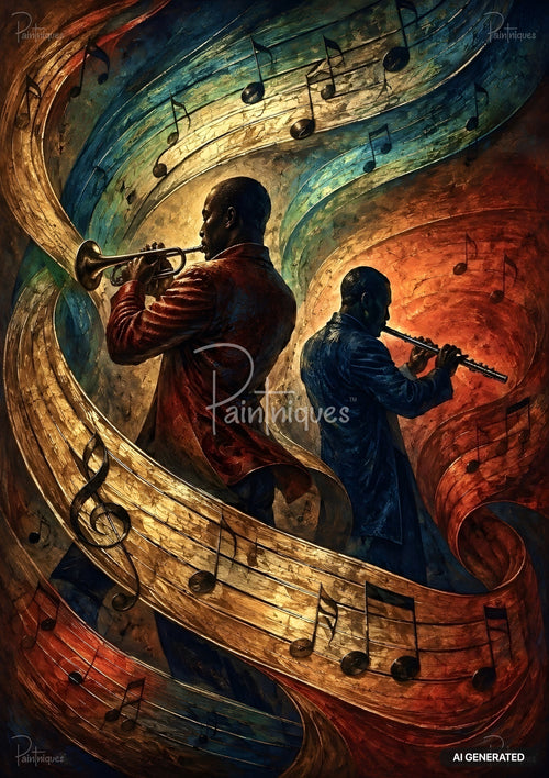 Two musicians, one playing a trumpet and one a flute, amidst swirling musical notes and colorful textured abstract waves.