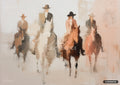 Textured painting of four abstracted cowboys on horseback, in brown, tan, black, and peach brushstrokes.