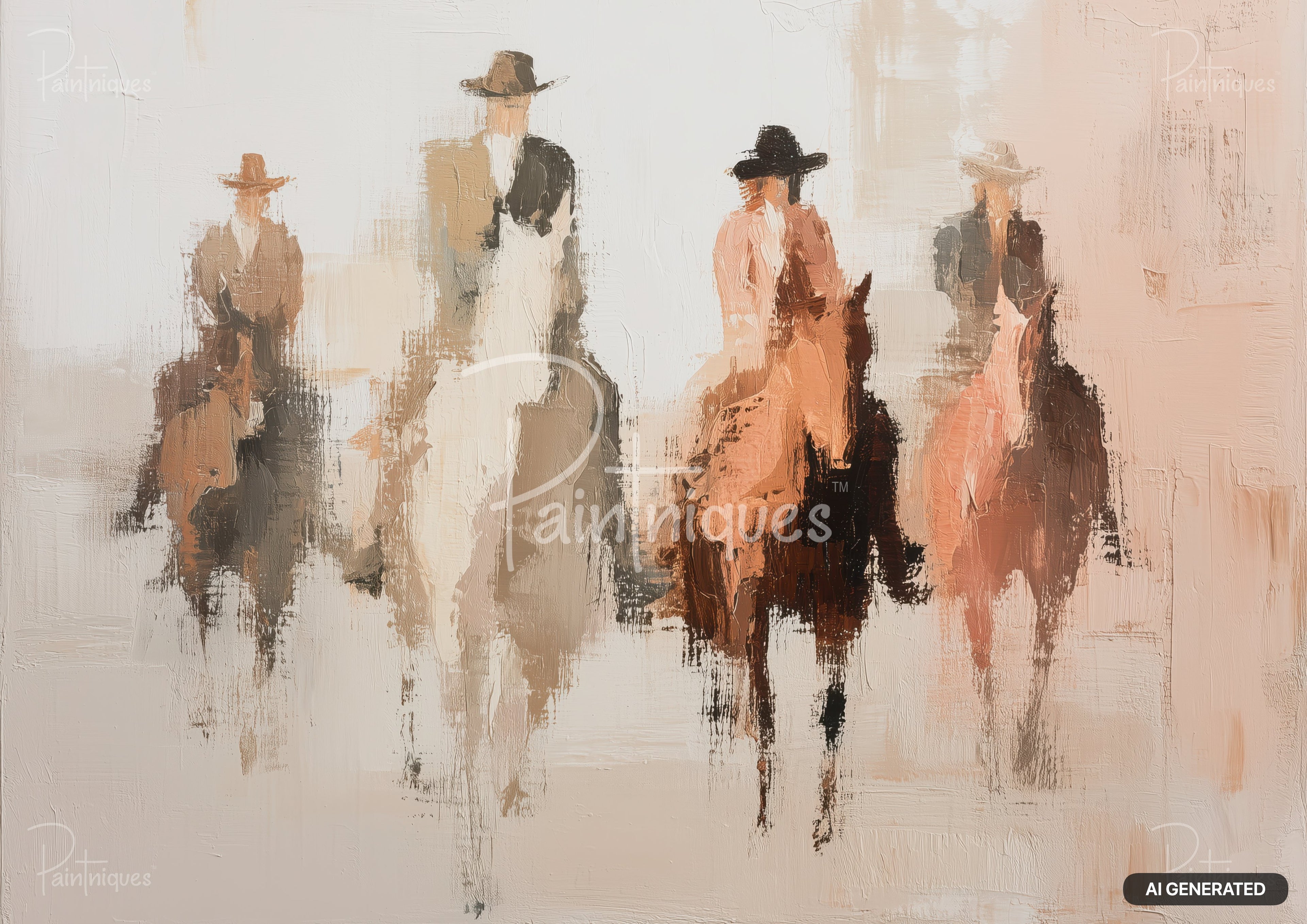 Textured painting of four abstracted cowboys on horseback, in brown, tan, black, and peach brushstrokes.