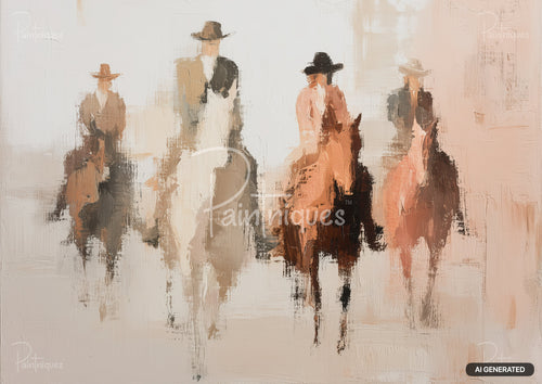 Textured painting of four abstracted cowboys on horseback, in brown, tan, black, and peach brushstrokes.