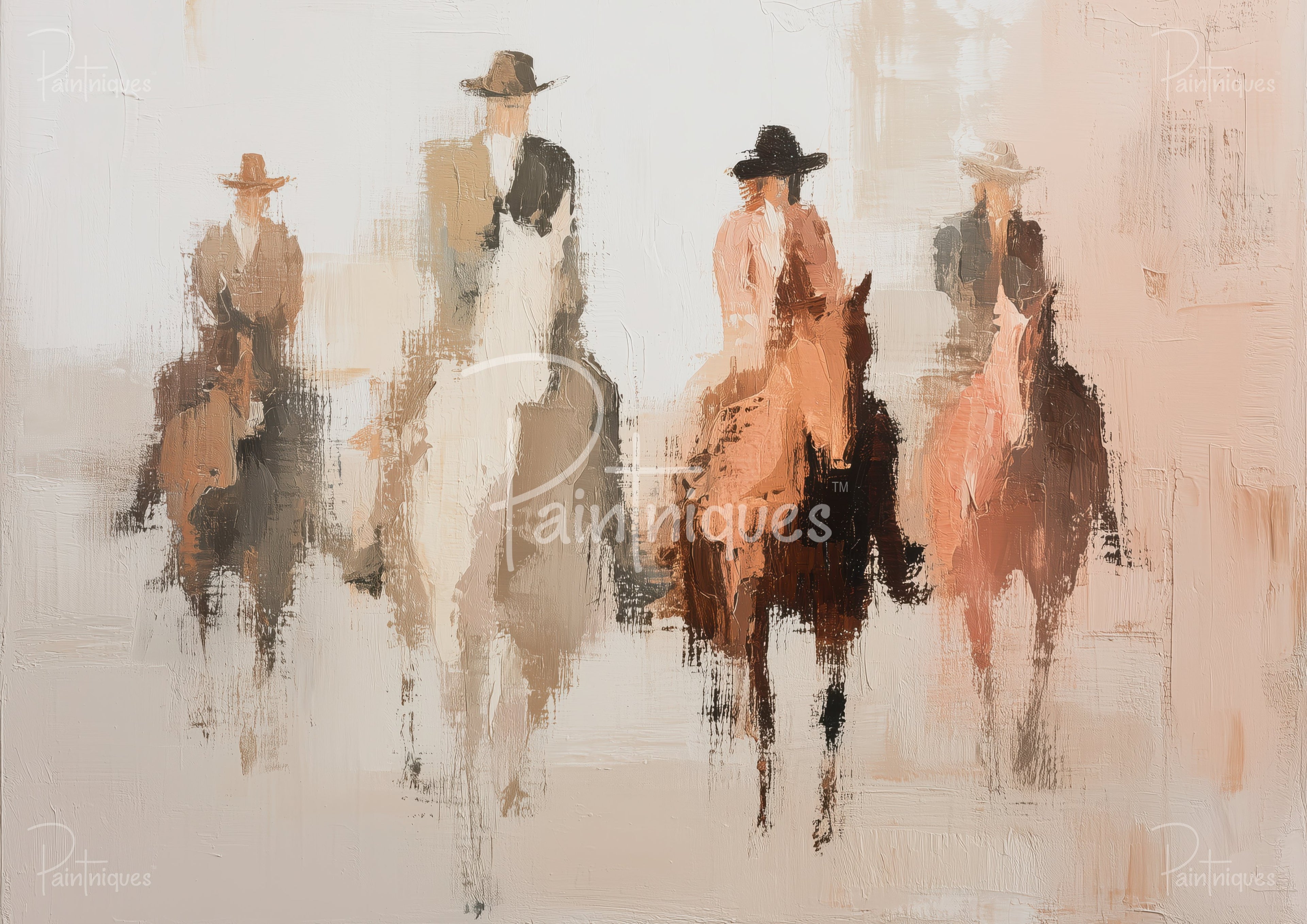 Abstract textured painting of several hat-wearing figures and riders in warm beige, tan and brown vertical brushstrokes.
