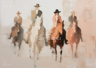 Abstract textured painting of several hat-wearing figures and riders in warm beige, tan and brown vertical brushstrokes.