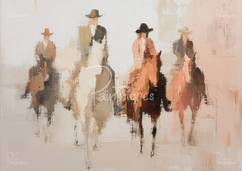 Abstract textured painting of several hat-wearing figures and riders in warm beige, tan and brown vertical brushstrokes.