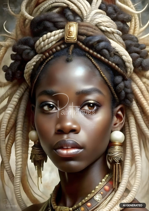 Close-up of a woman with dark skin, intricate braided hair, gold accents, and large dangle earrings.