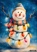 Watercolor painting of a snowman wearing a hat and multicolored scarf, wrapped in festive string lights.