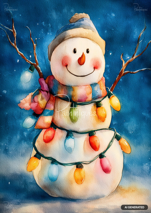 Watercolor painting of a snowman wearing a hat and multicolored scarf, wrapped in festive string lights.
