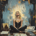 Abstract portrait of a woman seated cross-legged, head tilted back, blonde hair against textured blue and gold background.