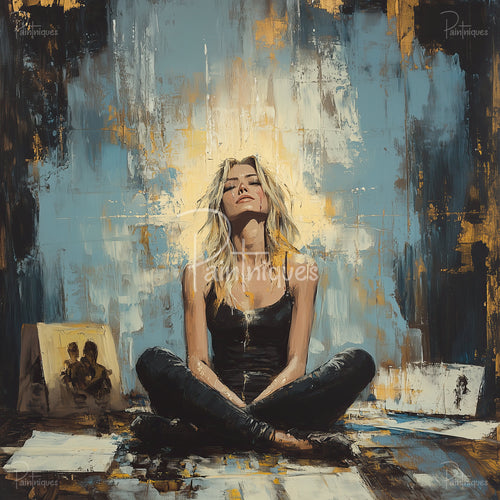 Abstract portrait of a woman seated cross-legged, head tilted back, blonde hair against textured blue and gold background.