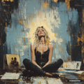 Painting of a blonde woman sitting cross-legged with eyes closed, tears on her cheeks, against an abstract background.