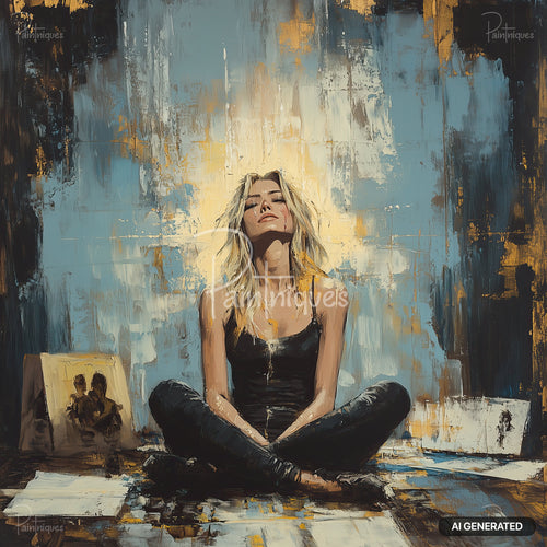 Painting of a blonde woman sitting cross-legged with eyes closed, tears on her cheeks, against an abstract background.