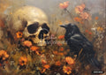 A painting of a skull and a black raven in a field of orange flowers.