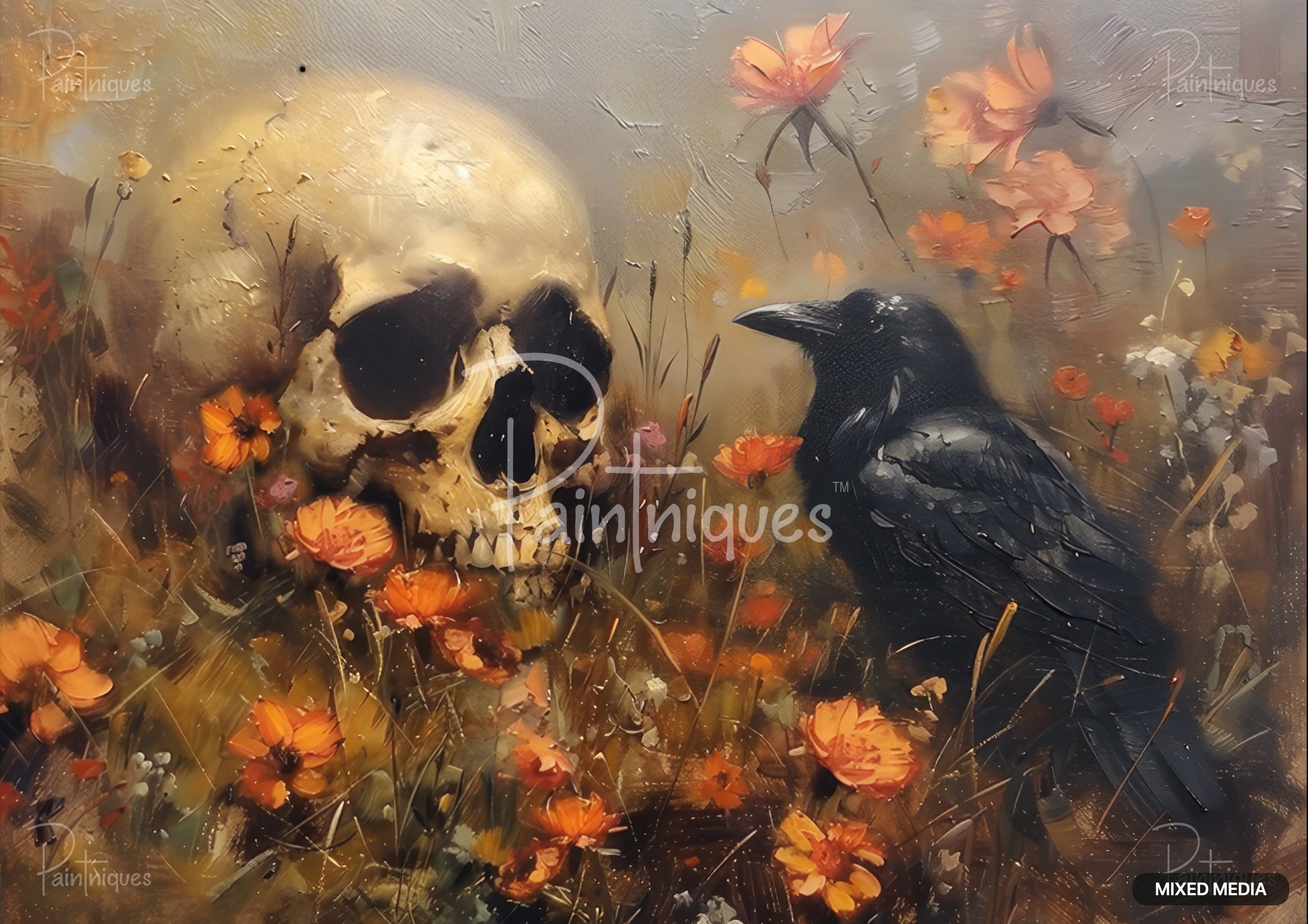 A painting of a skull and a black raven in a field of orange flowers.
