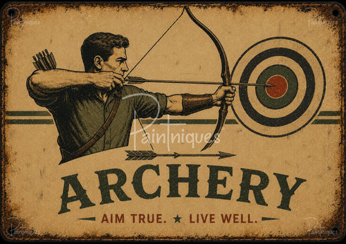 Vintage illustration of a man drawing a bow aimed at a bullseye, with large "ARCHERY" and "AIM TRUE. LIVE WELL." text.
