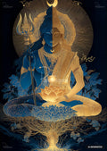 A figure with blue skin on the left and golden skin on the right, adorned in ornate jewelry.