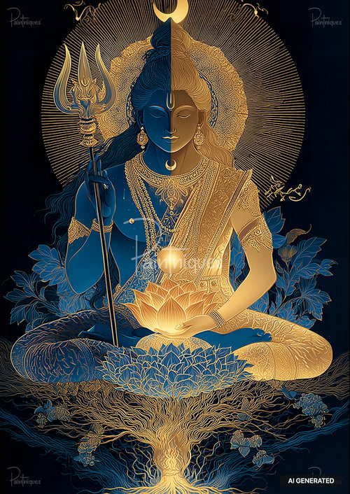 A figure with blue skin on the left and golden skin on the right, adorned in ornate jewelry.