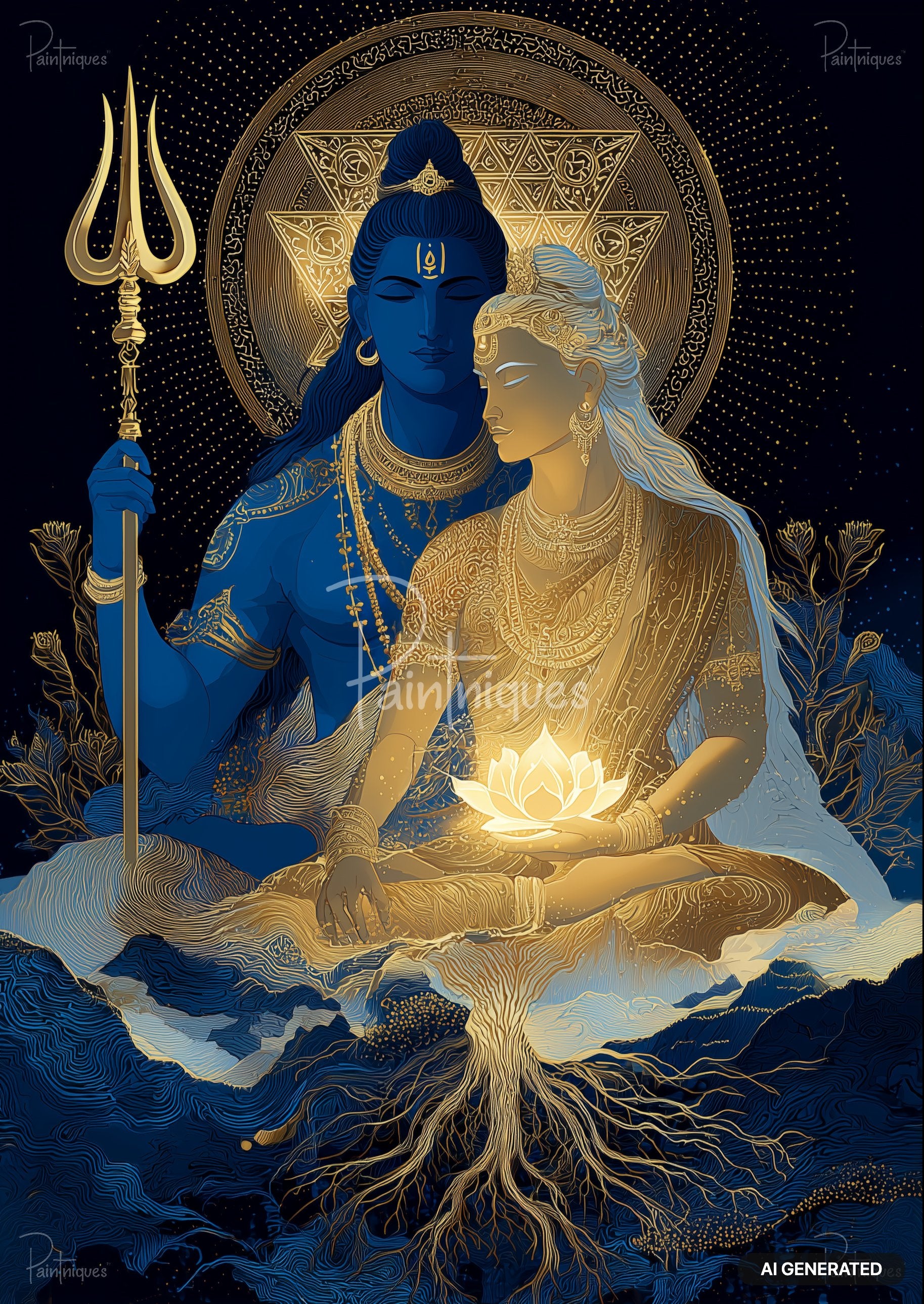 Gold and blue celestial deities. Dark-skinned figure holds a trident, light-skinned one a lotus. Tree roots.