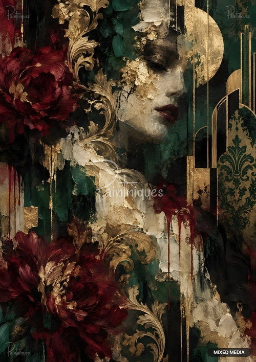 Textured art of a woman's face framed by deep red flowers, ornate gold filigree, and dark green tones.