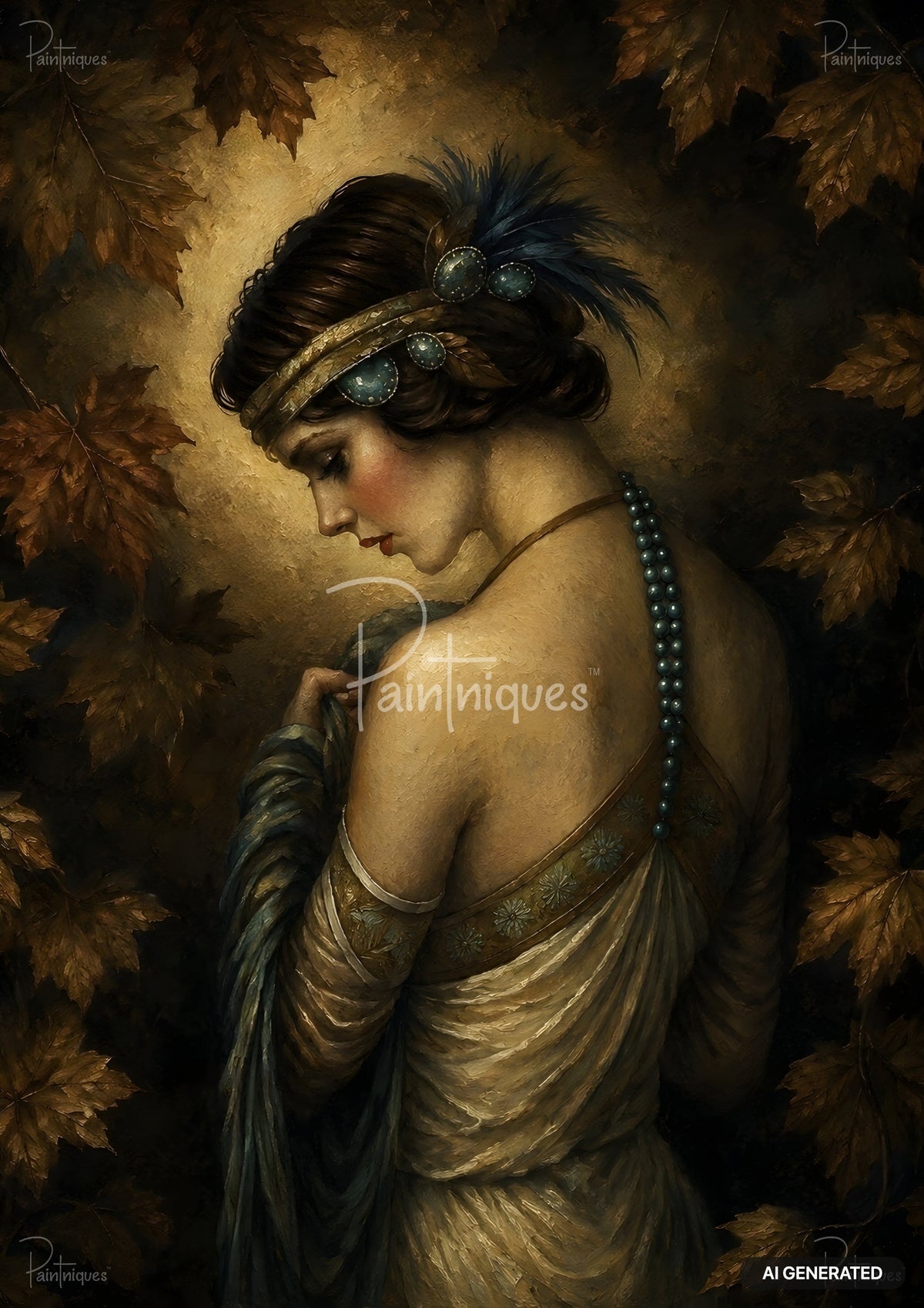Painting of a woman in a flapper-style dress with a feather headband, beaded necklace, and autumn leaves.