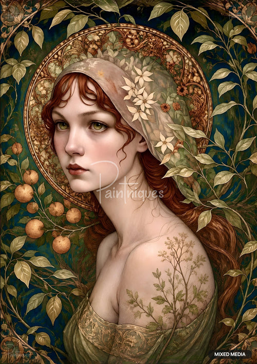 Art Nouveau portrait of a red-haired woman in a floral scarf surrounded by leafy branches and an ornate halo.