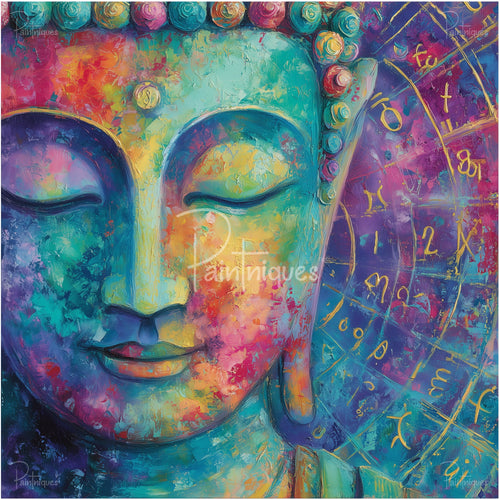 Abstract colorful painted Buddha face with closed eyes, textured impasto strokes and gold script accents